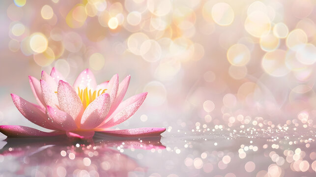 closeup of pink lotus on pink background with glitter and bokeh and copy space