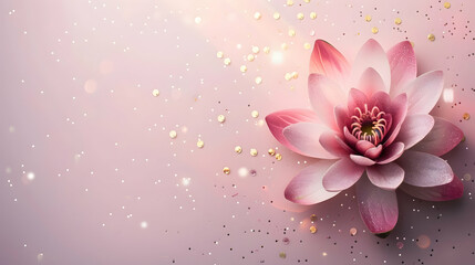 close-up of pink lotus on pink background with glitter and bokeh top view and copy space
