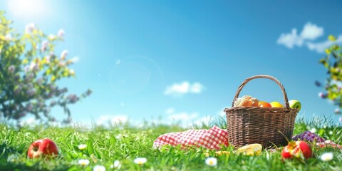 Fototapeta na wymiar picnic with basket, blanket and food on grass meadow, blue sky background with copy space