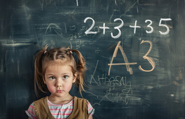 A girl is standing in front of the blackboard, holding her chin with one hand and thinking about math questions