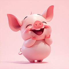  Laughing Piglet, Pale Pink Background, 3D Cartoon Animal Character with Copy Space