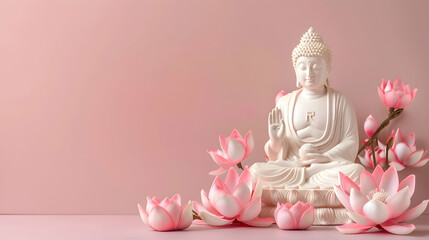 banner for travel agency, Buddha statue lotus on pink background with copy space