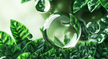  droplet with air bubbles, green leaf background - obrazy, fototapety, plakaty
