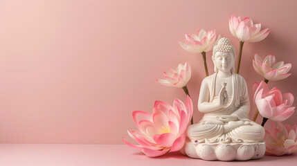 Buddha statue lotus on pink background with copy space