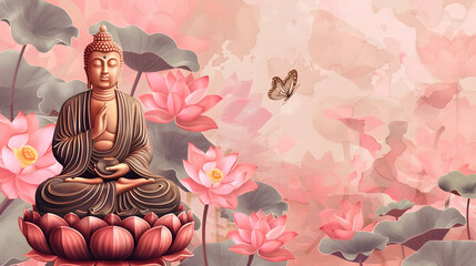 Buddha statue lotus on pink background with copy space