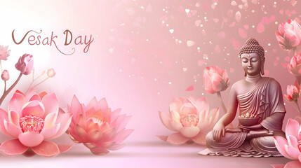 banner for Vesak day with copy space, on a pink background buddha statue and lotuses with place for text