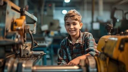 A young boy smiling in an industrial setting with machinery, depicting a blend of innocence and manufacturing environments.