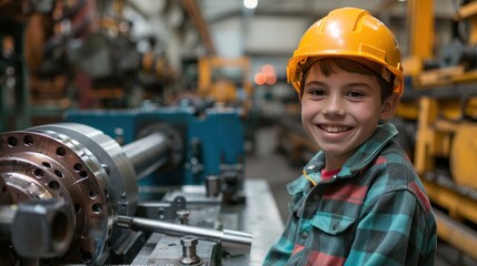 Young boy in safety helmet smiling in industrial setting with machinery in the background. Emphasizes youth interest in manufacturing/engineering.