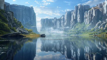 A tranquil lake nestled between towering cliffs, its mirrored surface reflecting the beauty of the...