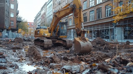 Fototapeta premium A large construction vehicle is digging in a muddy street. The scene is chaotic and dirty, with the vehicle and the surrounding area covered in mud