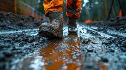 A person is walking through a muddy field wearing boots. The boots are covered in mud and the person's feet are wet. The scene has a muddy and wet atmosphere