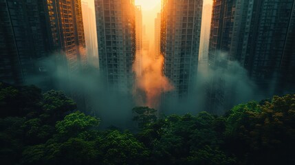 Naklejka premium A city skyline with a foggy mist and a sun in the background
