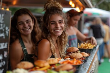 Two young women are happily standing in front of a fast food truck, selling hamburgers and french fries. They are enjoying the leisure time, sharing a delicious meal together