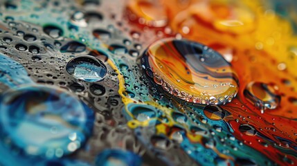 Macro shot of colorful water droplets on glass surface.
