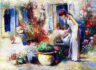 oil painting, girl in the garden waters the plants and flowers - 777380979