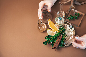 Perfumery workshop of creating citrus fragrance notes with citrus fruits, cinnamon, spices,...