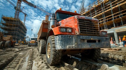 A dirty red dump truck is driving through a construction site