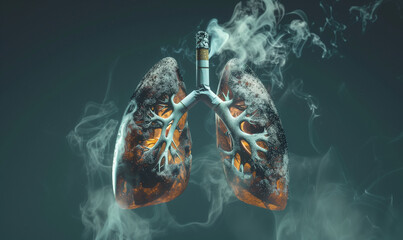 lungs with smoking cigarette butt in top surrounded by smoke, dangers concept, on plain color blue dark studio background