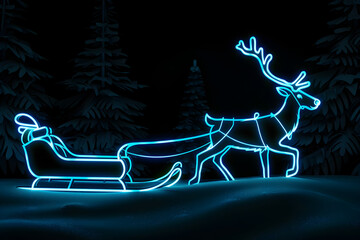 Neon outline of sled pulled by reindeer in winter wonderland isotated on black background.