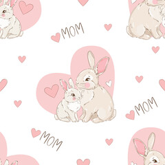 Hand Drawn Cute rabbits, mother and baby vector illustration, Mother day bunnys seamless pattern