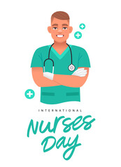Smiling young male nurse with a stethoscope, wearing white medical gloves, stands with his arms crossed. International Nurses Day.