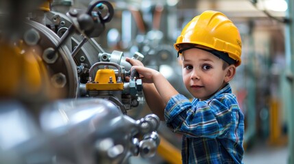 Young child in a safety helmet pretending to work on machinery, portraying a playful moment in an industrial setting.