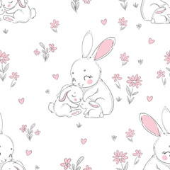Hand drawn Cute rabbits, mother and baby, and flowers background vector seamless pattern