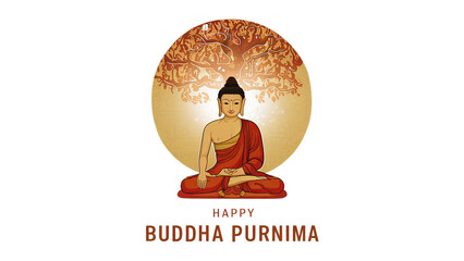 Buddha Purnima, Vesak Day, illustration, Gautam Buddha sitting under bodhi tree isolated on white background