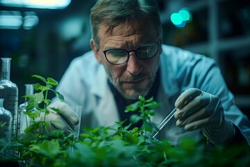 A scientist wearing glasses is studying a terrestrial plant, possibly a shrub or herb, in a laboratory. The plant may be a leaf vegetable or grass - obrazy, fototapety, plakaty