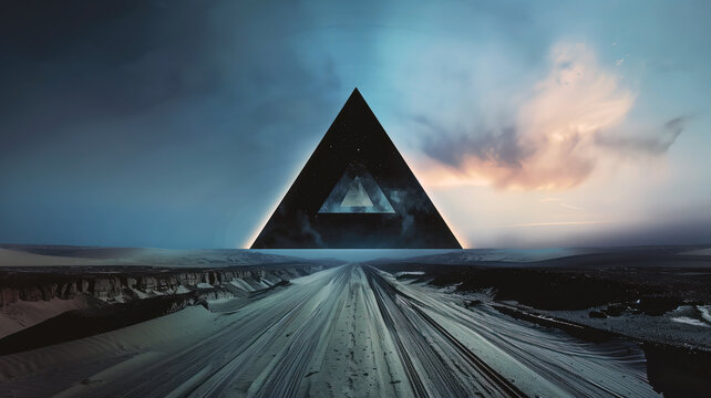 Endless journey on a desert road to a glowing black triangle. The portal to an unknown dimension against a twilight sky