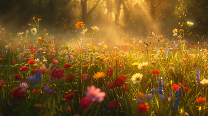 A tranquil meadow blanketed with a colorful carpet of wildflowers, kissed by the gentle rays of the...