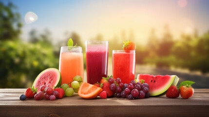 Various freshly squeezed fruits and vegetables juices, on wooden tabletop, nature blurred background. Summer.