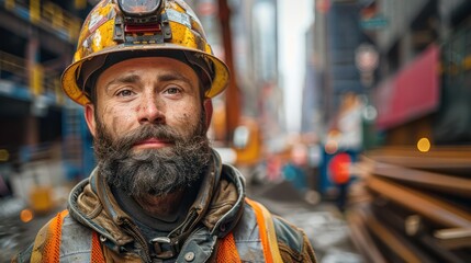 A foreman with a beard and a yellow hard hat is standing in front of a building