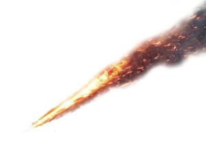 A meteor streaks across the sky, leaving a trail of sparks isolated on white background