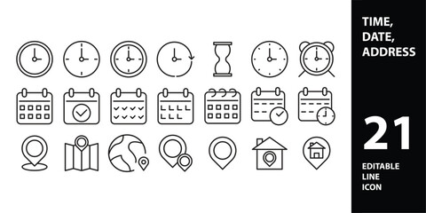 TIME - thin line vector icon set. Pixel perfect. Editable stroke. The set contains icons: Time, Clock, Alarm Clock, Hourglass, Stopwatch, Timer, Smart Watch, Time Zone.