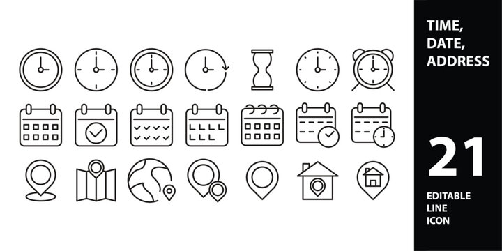 TIME - thin line vector icon set. Pixel perfect. Editable stroke. The set contains icons: Time, Clock, Alarm Clock, Hourglass, Stopwatch, Timer, Smart Watch, Time Zone. - Powered by Adobe