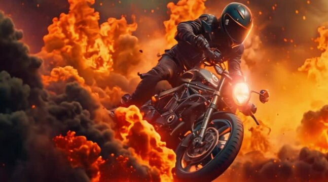 A motorcyclist in a helmet and leather jacket rides a motorcycle through a scorching fire.