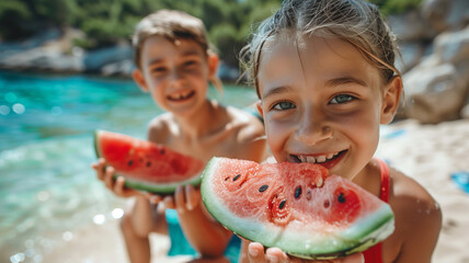 Faces of boy and girl with watermelon on the background of azure beach