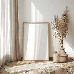a blank white poster mockup frame with dark border in a modern and bright interior space
