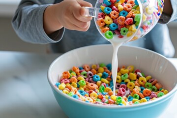 Child pouring milk into a bowl of colorful breakfast cereal - Powered by Adobe