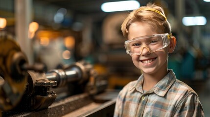 Young child with safety goggles smiling in a workshop environment, possibly learning or engaging in a hands-on project.