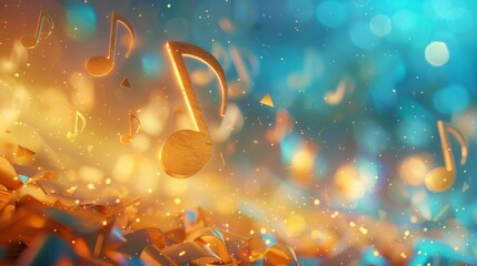 Creative golden blue background with musical notes of music.