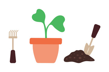 Growing sprout in a pot with a rake and shovel. Shovel in the ground. Gardening vector illustration.