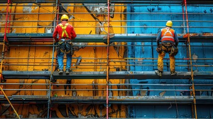 Construction workers wearing hard hats and safety vests are busy assembling scaffolding on a bustling construction site.