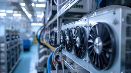 Row of cryptocurrency mining rigs with cooling fans in a data center.