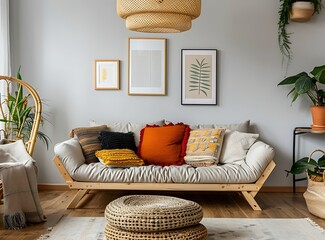 Sofa with colorful pillows and a wicker coffee table near a grey wall in a modern living room interior, with framed pictures on the wall in the style of various artists - obrazy, fototapety, plakaty