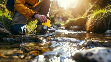 Adventurous hiker using a solar-powered water purifier in a stream - obrazy, fototapety, plakaty
