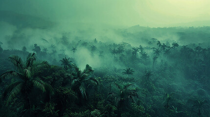 Misty morning over the lush greenery of the Congo Basin, with dense vegetation peeking through the fog. - Powered by Adobe