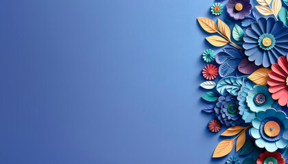 Fototapeta na wymiar Vibrant paper flowers in blue, red, and yellow hues on a solid blue background. Craft and design concept. Generative AI