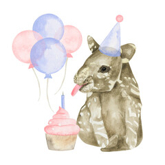 tapir birthday holiday watercolor composition